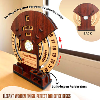 Customized Wooden Calendar With Desk Organizer & Clock.