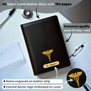 Customized Black Leather Diary with Coloured Doctor Logo & Name Engraved Pen.