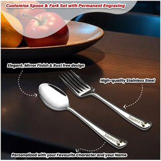 Stainless Steel Spoon & Fork Set with Name & Character Engraved.
