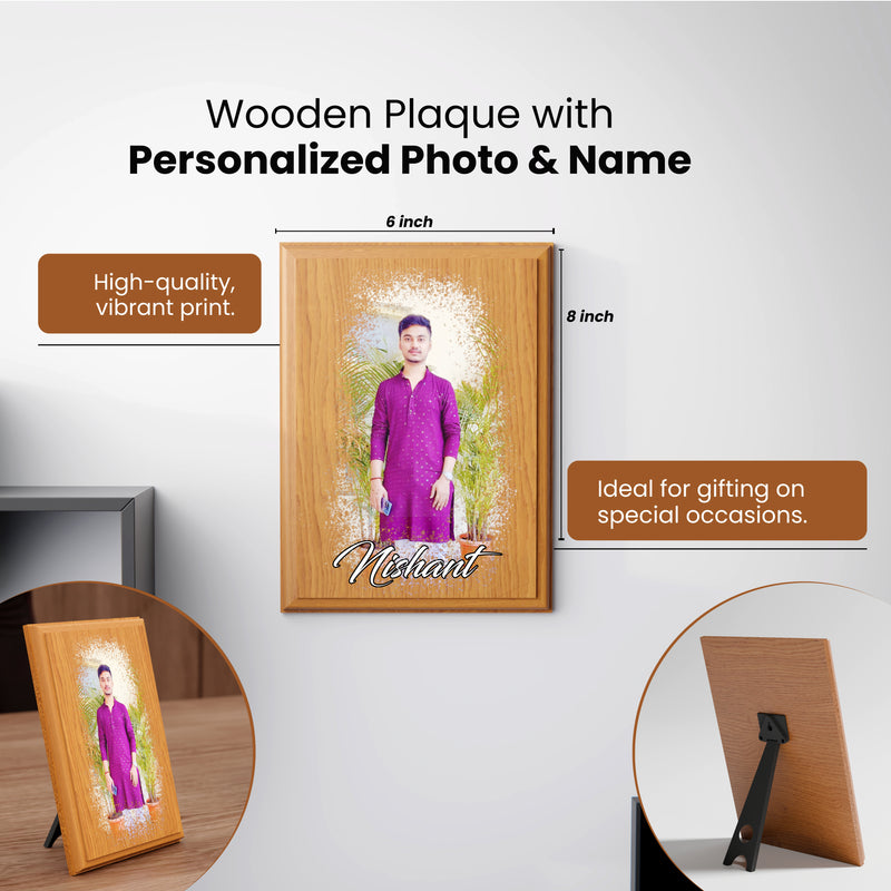 Personalized Rakhi Gift – Photo Printed Wooden Plaque + Name Engraved Rudraksh Rakhi.