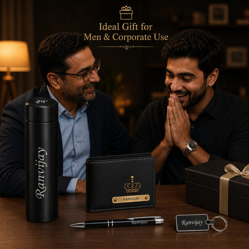 Customized Combo Set for Men (4 Pcs) –Customized Name Wallet, Stainless Steel Bottle, Pen & Keychain.