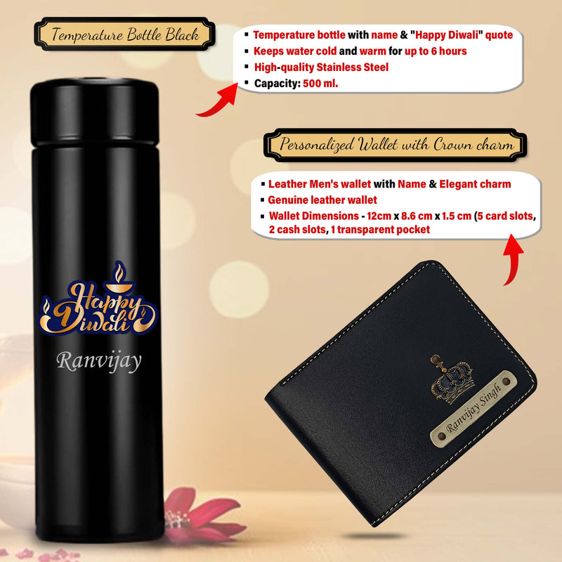 Diwali Gift Set for Men – Leather Wallet, Keychain, Bottle, Custom Pen With Dry Fruits & Diyas.
