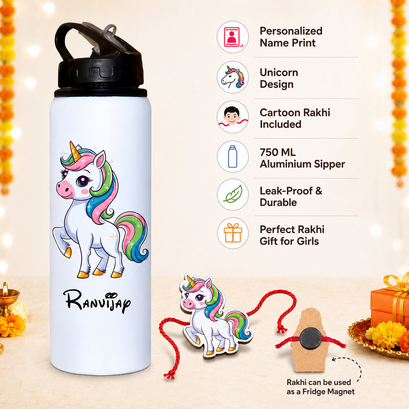 Customized 750 ML Aluminium Sipper Bottle with Name & Favourite Cartoon Print & Personalized Cartoon Caricature Rakhi (Copy)