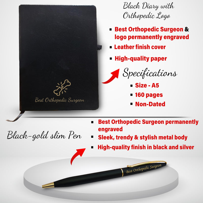 Orthopedic Combo-  Bottle & Diary with Orthopedic Logo & Pen Engraved with 'Best Orthopedic Surgeon' Engraved.