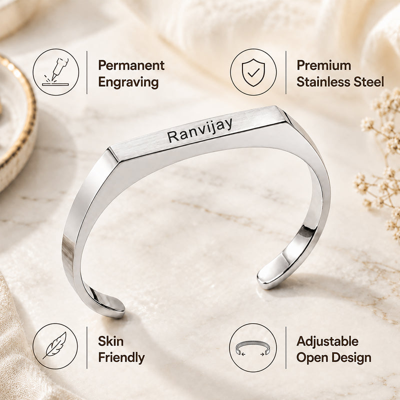 Customized Stainless Steel Kada Bracelet - Engraved Name Armlet for Men & Women.