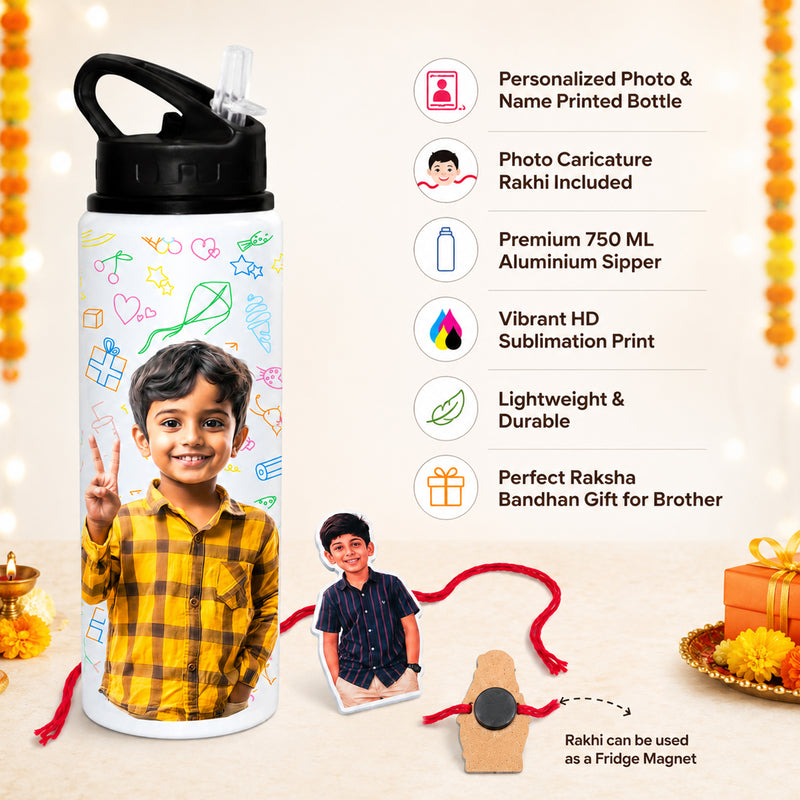 Customized 750 ML Aluminium Sipper Bottle with Photo & Name Print and Photo Caricature Rakhi