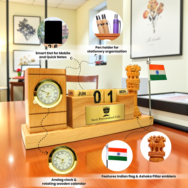 Customized Wooden Desk Organizer –Pen Holder with Analog Clock, Rotating Infinity Calendar, Indian Flag with customized name and logo