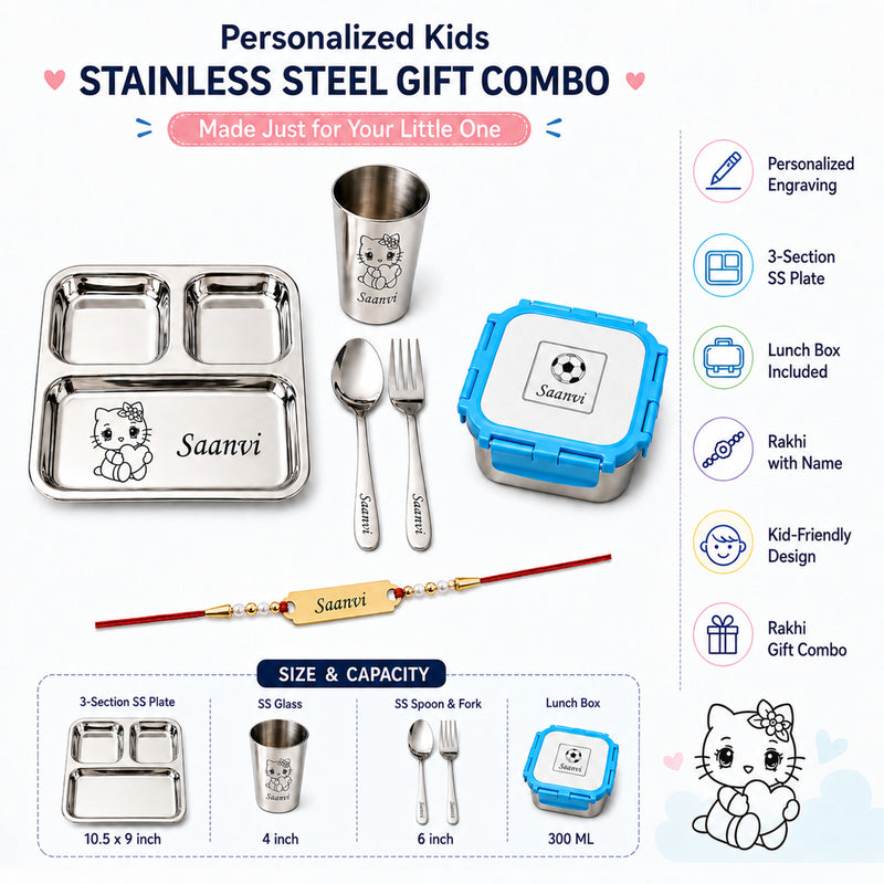Customized Rakhi Gift Set | Custom Name Engraved 3 Compartment Steel Plate, Lunch Box & Foil Rakhi