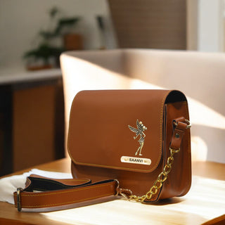 Personalized Leather Chain Sling Bag with Name & Elegant Charm for Women