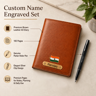 Customized Brown Diary & Branded Parker Roller Pen Gift Set with Name Engraved.
