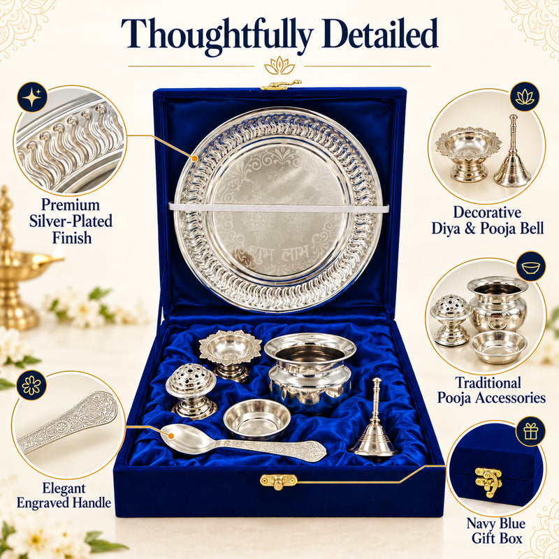 German Silver Swastik Pooja Thali Set with Velvet Gift Box | Silver Plated Diwali & Wedding Housewarming Gift