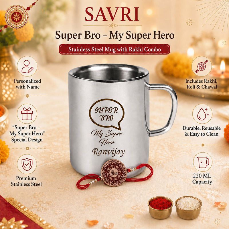 Customized Stainless Steel Mug with Name Engraved & Super Bro Design Engraved.