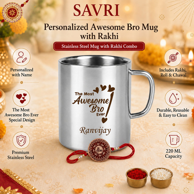 Customized Stainless Steel Mug with Name and Rakhi for Brother 220 ml.