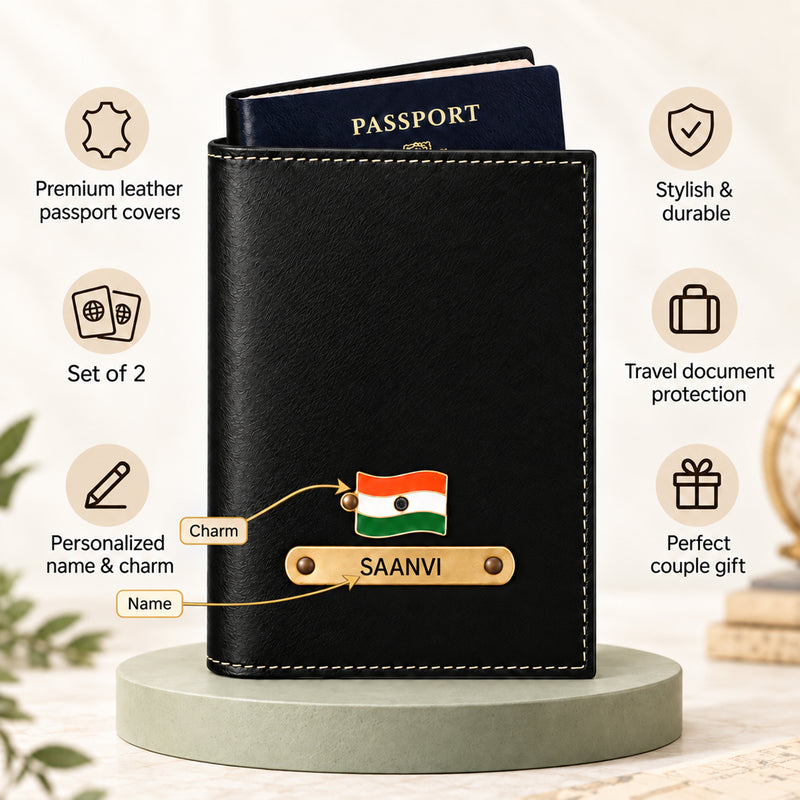 Leather Passport Cover Set of 2 with Name & Charm | Customised Passport Cover with Name for Couple | Personalized Passport Holder for Men & Women