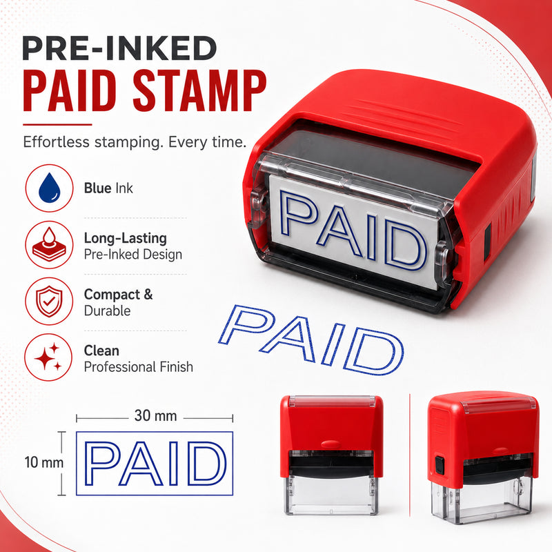 PAID Rectangle Pre-Inked Stamp | Self-Inking Office Seal with Blue Ink | Ready to Use
