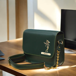 Personalized Leather Chain Sling Bag with Name & Elegant Charm for Women