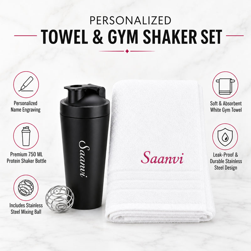 Customized Stainless Steel Gym Shaker & White Towel Combo set with Name| Best Gift for Gym Lover