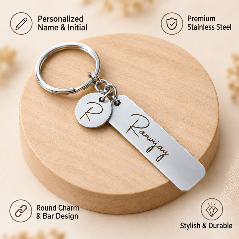 Personalized Initial Keychain | Stainless Steel Bar Key Ring with Round Letter Charm | Gift for Men & Women