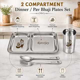 Customized 2 Compartment Stainless Steel Dinner Plate with Spoon & Fork – Name & Design Engraved