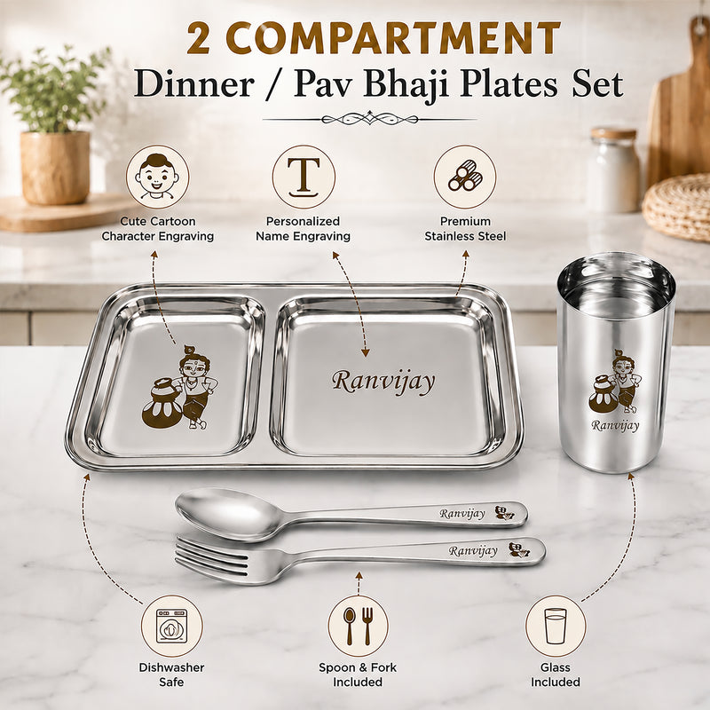 Customized 2 Compartment Stainless Steel Dinner Plate with Spoon & Fork – Name & Design Engraved