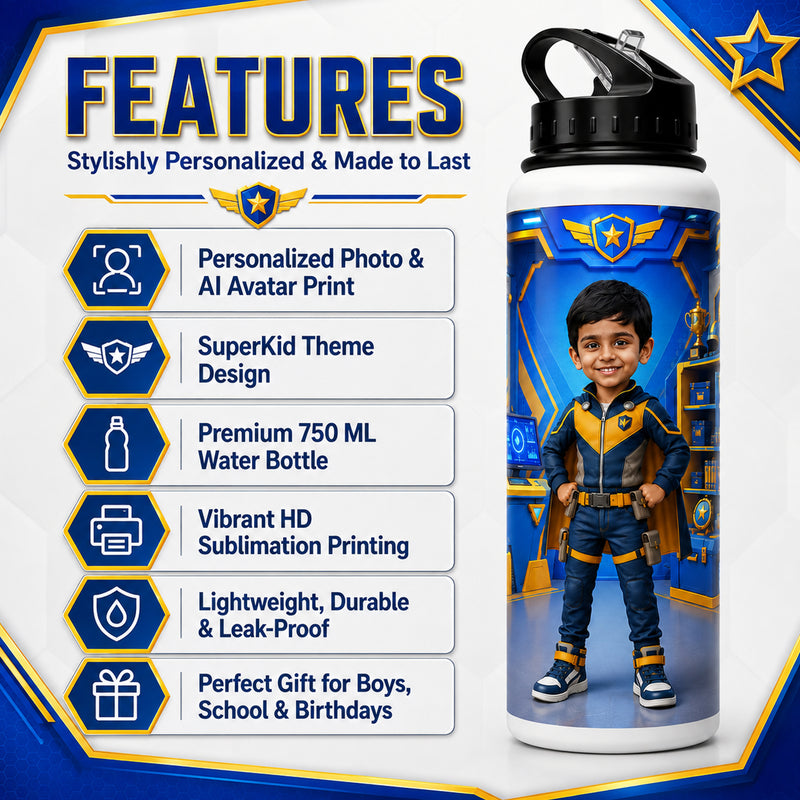Personalized 750ml Water Bottle for Boys with Photo, Name & AI Avatar.