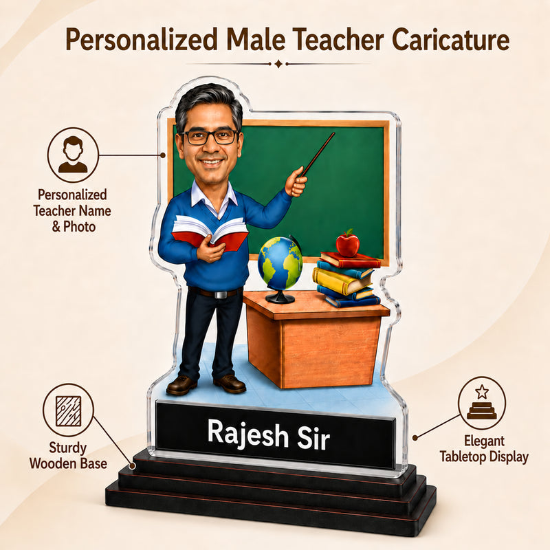 Customized Teacher Caricature with Photo | Personalized Face Changing Caricature Gift for Teacher, Sir, Ma’am, Professor & Mentor | Unique Teachers Day Gift
