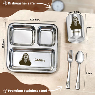 Personalized Kids Stainless Steel 3 Compartment Dinner Set – Custom Laser Photo & Name Engraved.