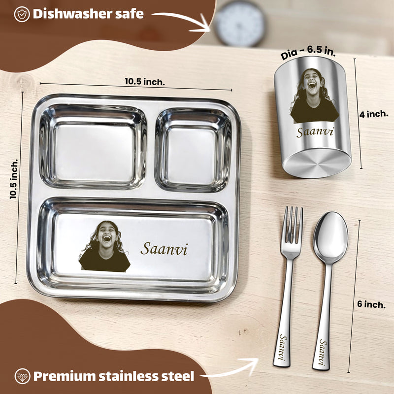 Personalized Kids Stainless Steel 3 Compartment Dinner Set – Custom Laser Photo & Name Engraved.