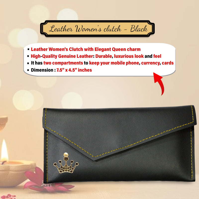 Diwali Gift Set for Women – Leather Clutch with Queen Charm, Engraved Pen & Keychain.