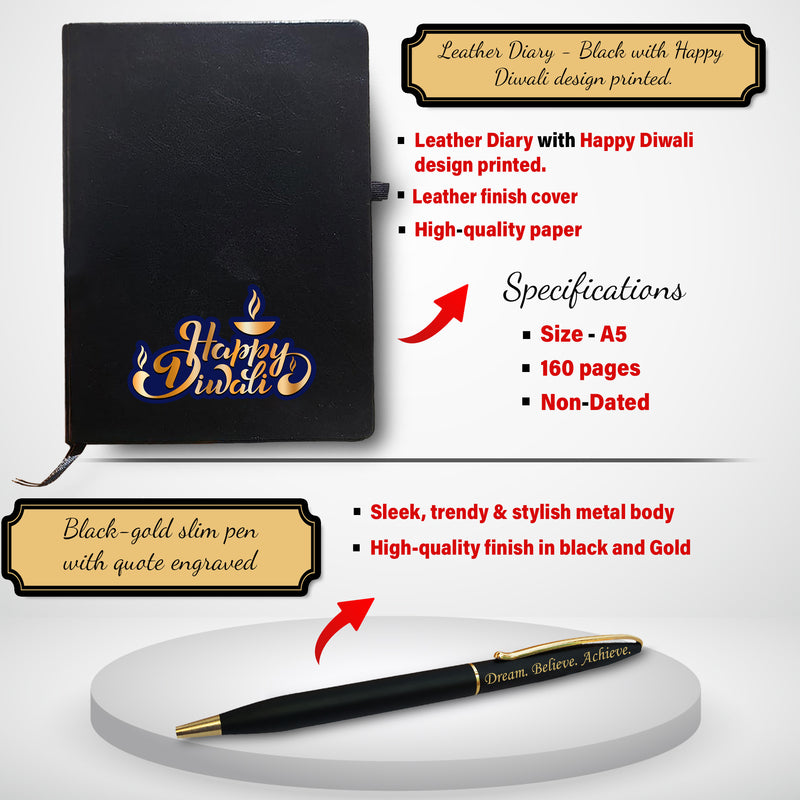 Diwali Gift Set -Pen,Diary & Pen Stand with 'Happy Diwali' Quote Engraved