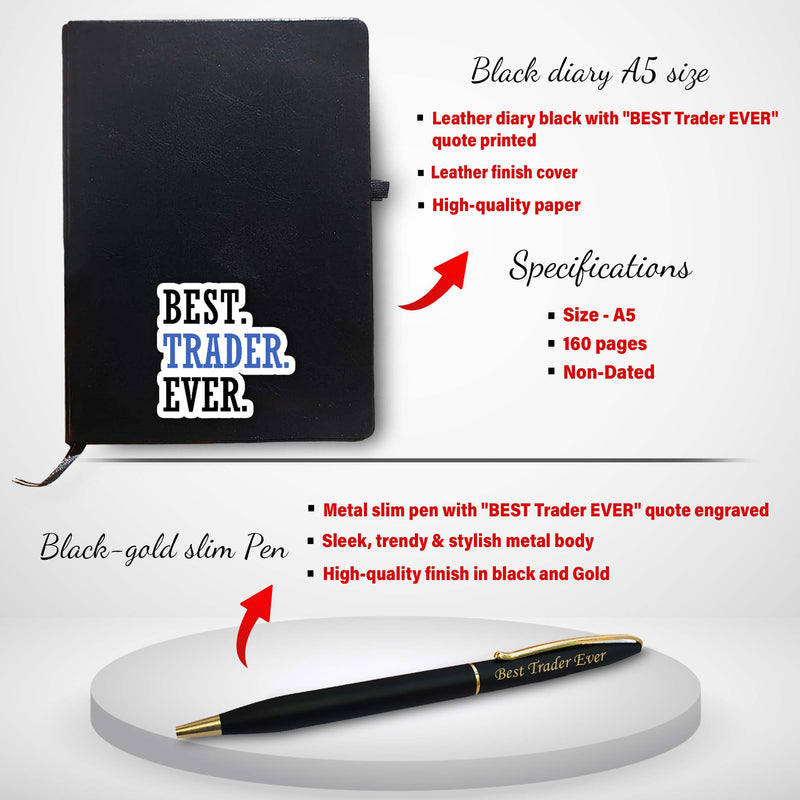 Traders Combo - Pen, Pen Stand & Diary with 'BEST Trader EVER' Quote Engraved & Printed