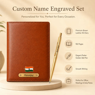 Customized Brown Diary & Branded Parker Golden Pen Gift Set with Name Engraved.
