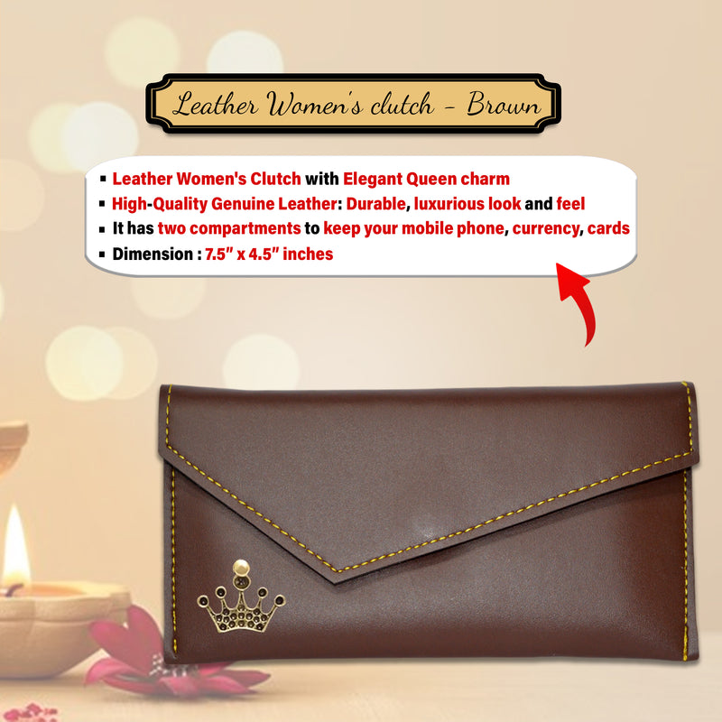 Diwali Gift Set for Women – Leather Clutch with Queen Charm, Engraved Pen & Keychain.