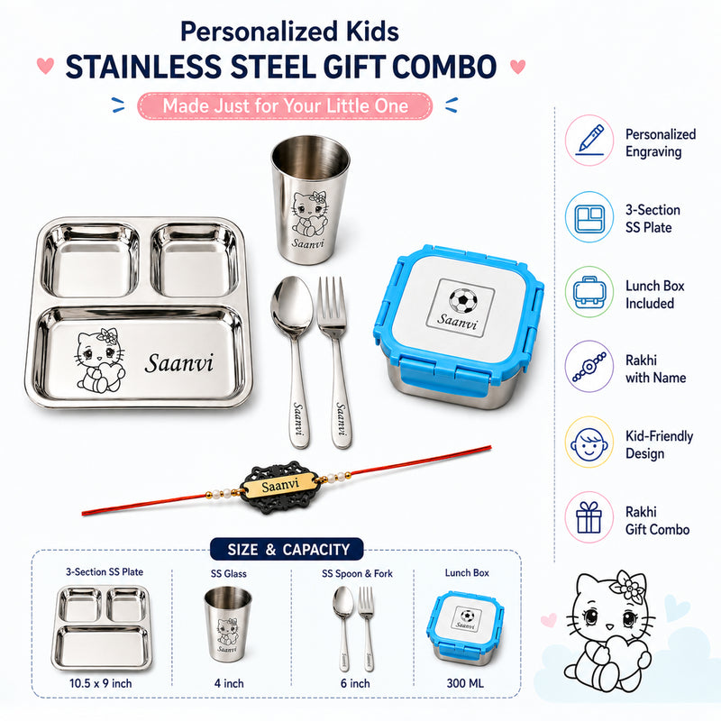 Customized Rakhi Gift Set | Custom Name Engraved 3 Compartment Steel Plate, Lunch Box & Foil Rakhi.