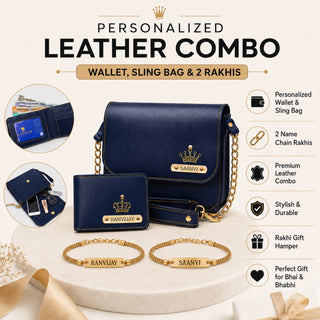 Raksha Bandhan Gift Hamper for Bhaiya & Bhabhi | Customized Men's Leather Wallet & Sling Bag with Name & Charm and Set of 2 Personalized Chain Rakhis with Name Engraved.