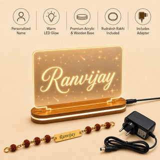 Customized Acrylic LED Photo Frame with Name & Personalized Rudraksha Rakhi for Brother
