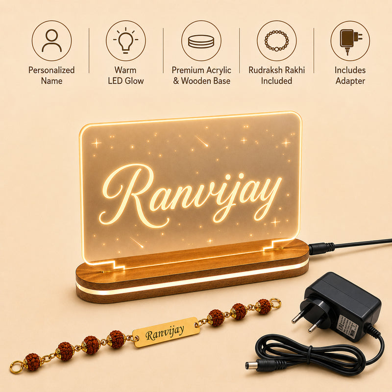 Customized Acrylic LED Photo Frame with Name & Personalized Rudraksha Rakhi for Brother