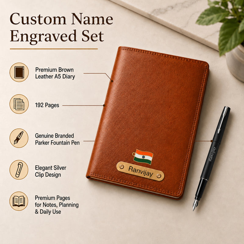 Customized Brown Diary & Branded Parker Fountain Pen Gift Set with Name Engraved.