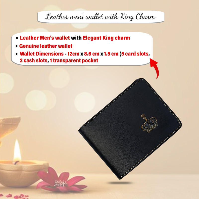 Diwali Gift Set for Men - Leather Wallet, Keychain & King Charm, Quote Engraved Pen