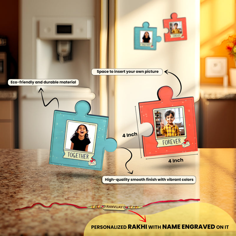 Rakhi Gift Combo –Colored Name Monogram, Puzzle Magnet & Foil Rakhi.