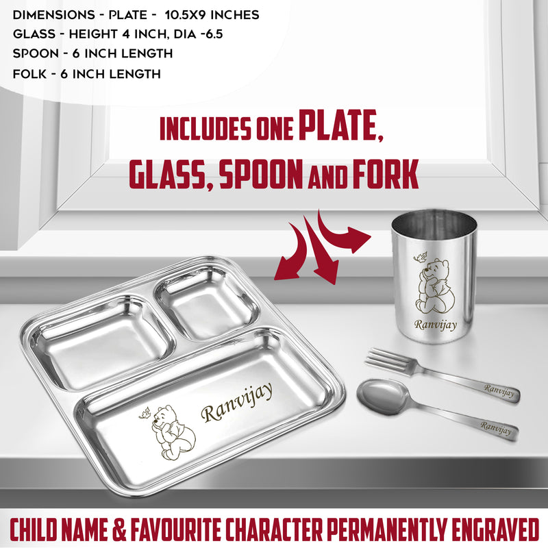 Kids Combo Set – Customized 3-Compartment Steel Plate with Name & Cartoon Design with Name Engraved 500 ml Mini Straw Tumbler
