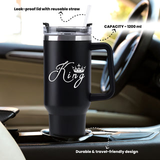 Black & White 1200 ML Straw Tumblers | King & Queen Design for Couples, Engraved Tumbler Set