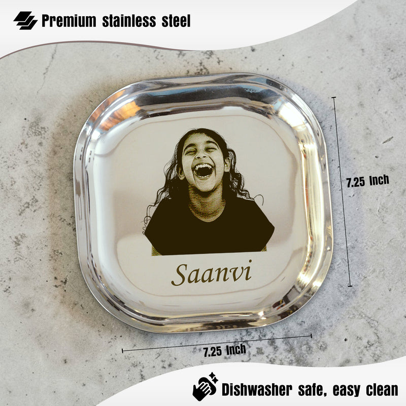 Personalized Stainless Steel Plate Set for Kids with Photo & Name | Custom Kids Dinner Set