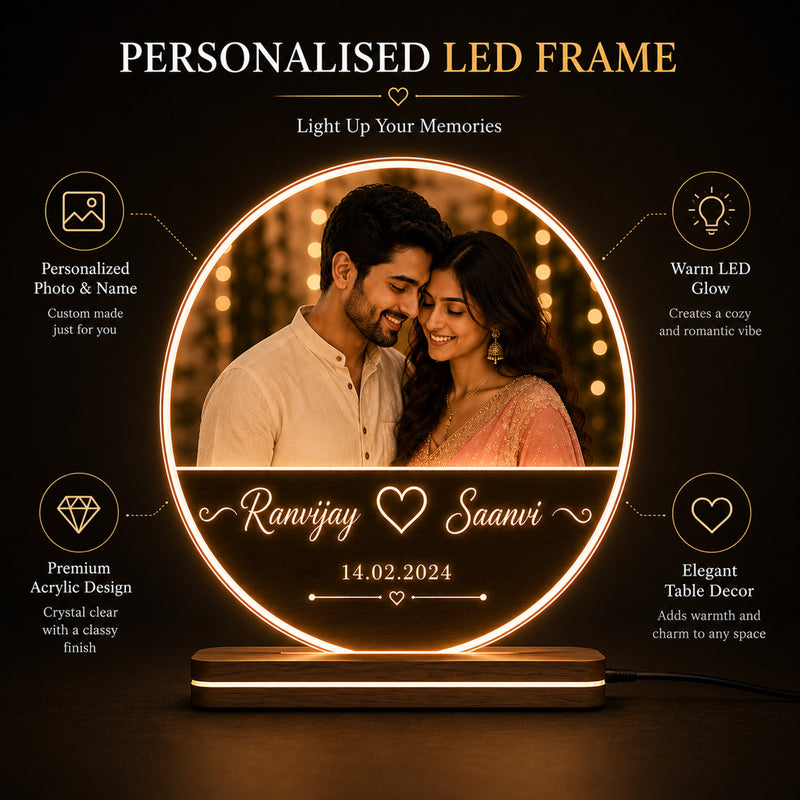 Personalized Round LED Photo Frame 6x8 Inch – Customized HD UV Printed Acrylic Lamp with Photo, Name & Date