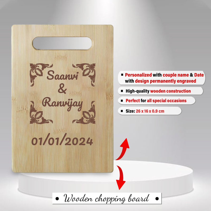 Engagement Gift Set – Heart-Shaped Acrylic Plaque with Custom Photo & Date, Wooden Quote Chopping Board