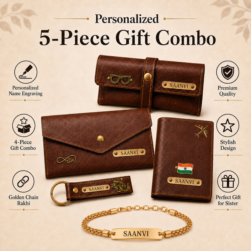 Customized Raksha Bandhan Gift for Sister | Customized Women’s Gift Combo Set 4 Pcs with Name Engraving & Golden Chain Rakhi