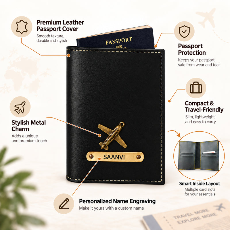 Personalized Leather Passport Cover with Name & Metal Charm | Customized Passport Cover for Men & Women | Customised Leather Passport Holder