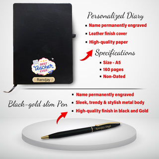 Customized Teacher Gift Set-Metal Keychain, Temp Black Bottle,Black-Gold Slim Pen,& A5 Black Diary.