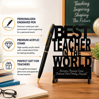 Custom Engraved Pen & Black Teacher's Stand.