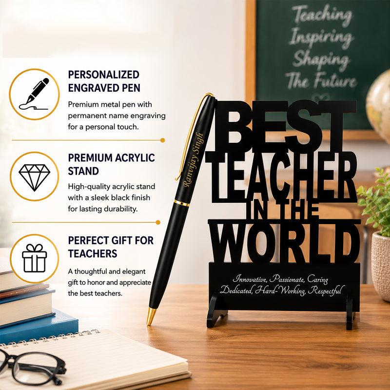 Custom Engraved Pen & Black Teacher's Stand.